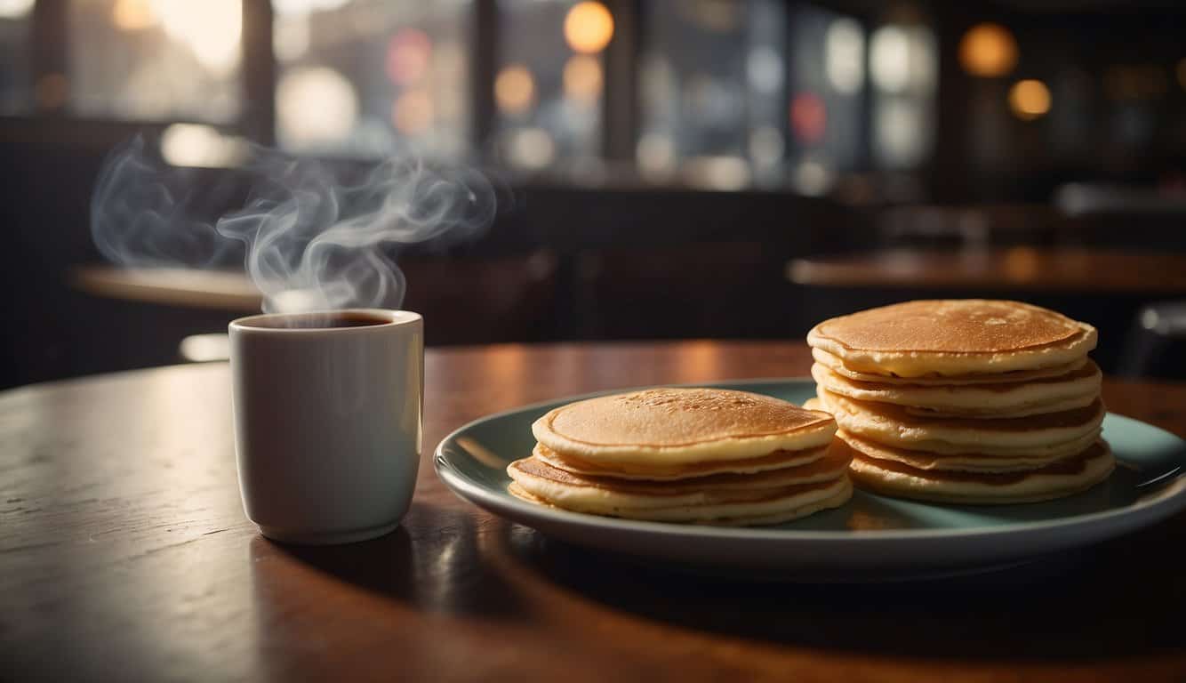 A cozy diner with a chalkboard displaying breakfast specials. A steaming cup of coffee sits next to a plate of fluffy pancakes and sizzling bacon