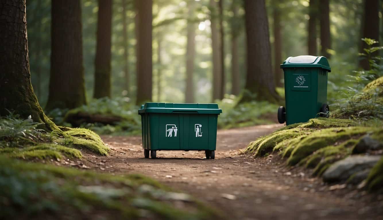 A serene forest trail with clear signage, designated rest areas, and waste disposal bins. Hikers yield to uphill traffic and keep pets on leashes
