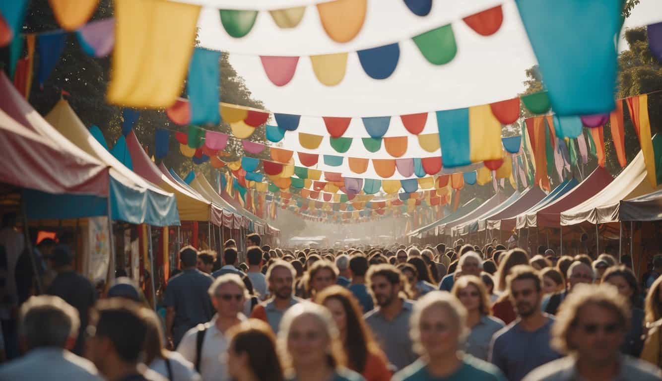 A bustling street lined with colorful banners, tents, and excited attendees, with vendors selling food and handmade crafts at a lively community event or festival