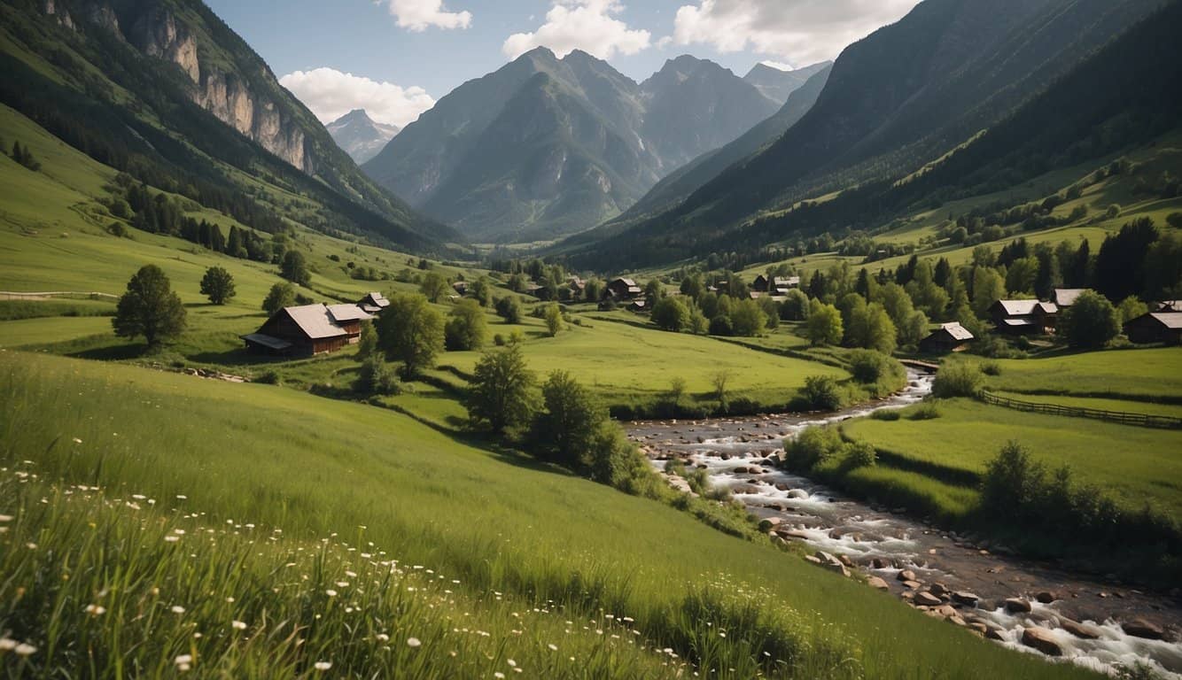 Lush green meadows with towering mountains in the background, a winding river flowing through the valley, and historic homesteads dotting the landscape