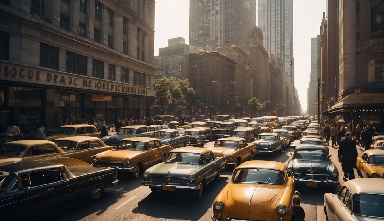 A bustling city street in the 20th century, filled with vintage cars, tall buildings, and people going about their daily lives. The scene is captured from a dynamic, slightly elevated angle, with strong perspective and dramatic lighting to emphasize the urban energy