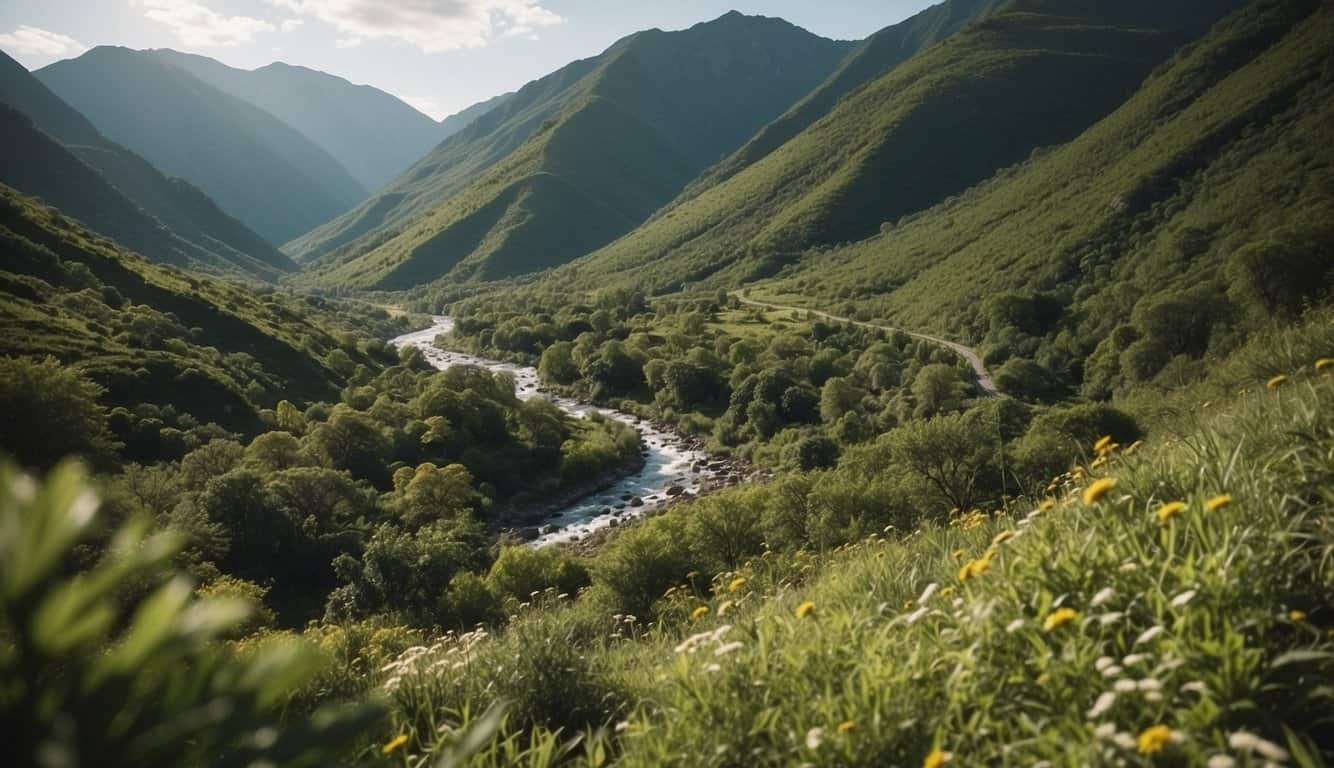 Lush green mountainside with a winding river, surrounded by diverse wildlife and native plants. Community members working together to plant trees and maintain the natural landscape