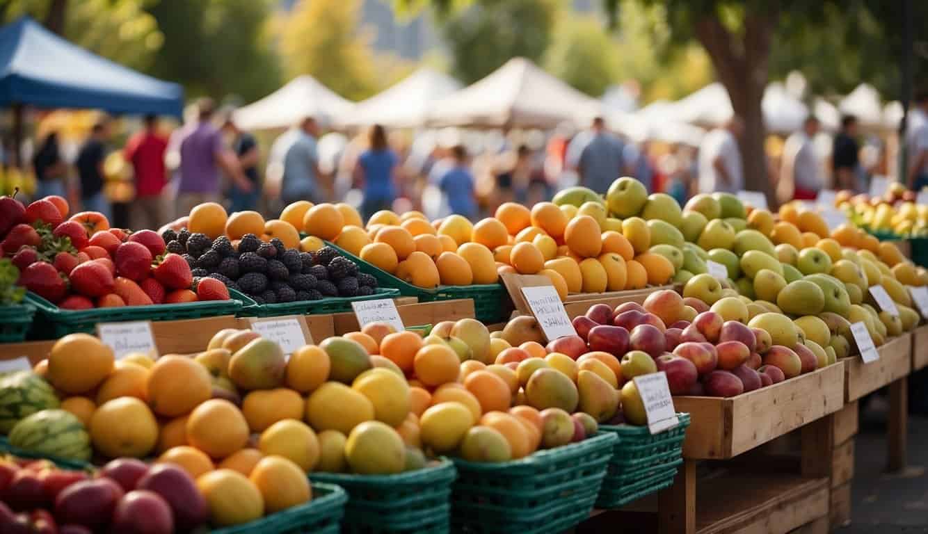 Vibrant display of fresh fruits, vegetables, and homemade goods at the Driggs Farmers' Market. Vendors' booths line the street, showcasing a colorful array of produce and handcrafted items