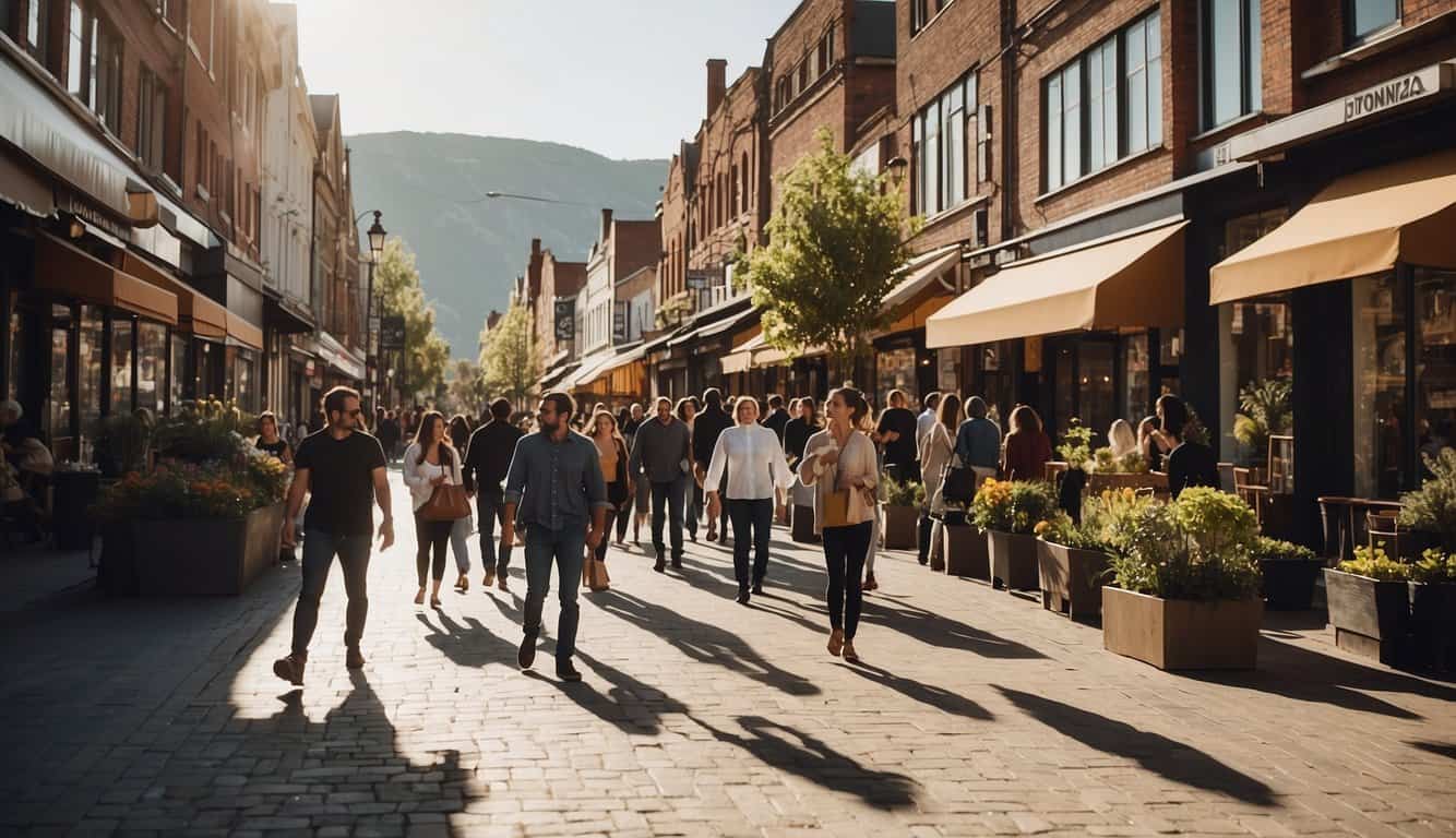 A bustling street with a variety of shops, cafes, and public facilities. People are seen entering and exiting the different establishments, and there is a sense of community and convenience in the area