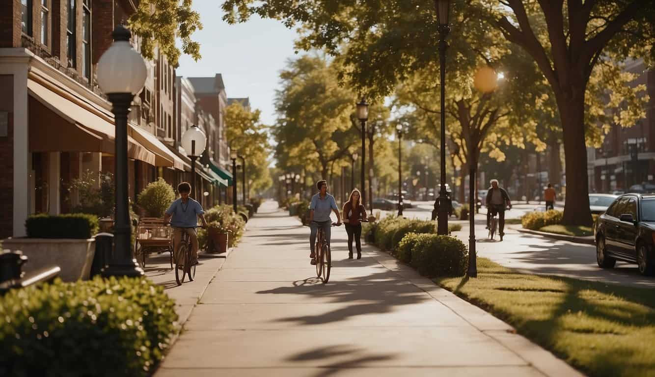 A vibrant neighborhood with parks, grocery stores, and healthcare facilities. People walk and bike on tree-lined streets, enjoying a sense of community and access to essential services