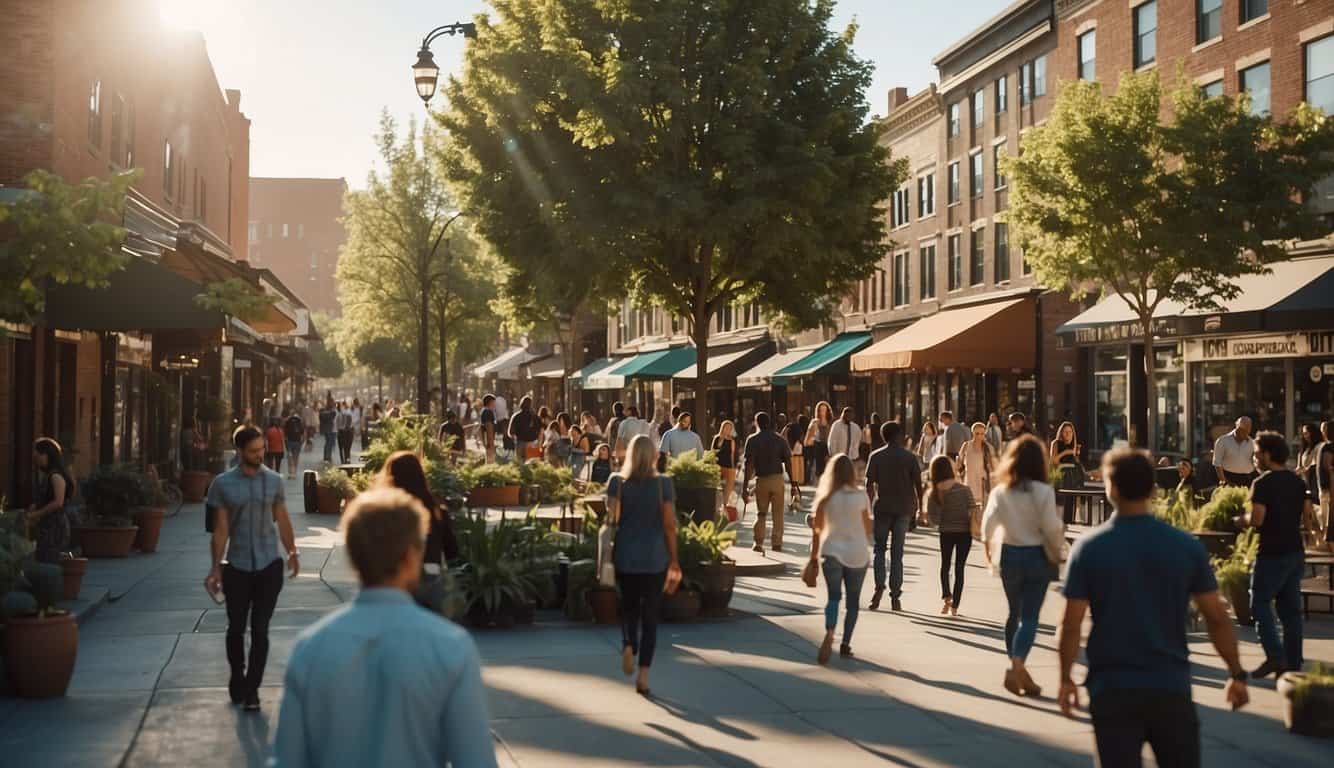 A bustling neighborhood with people interacting at local shops, parks, and community centers, connected by vibrant social and community networks