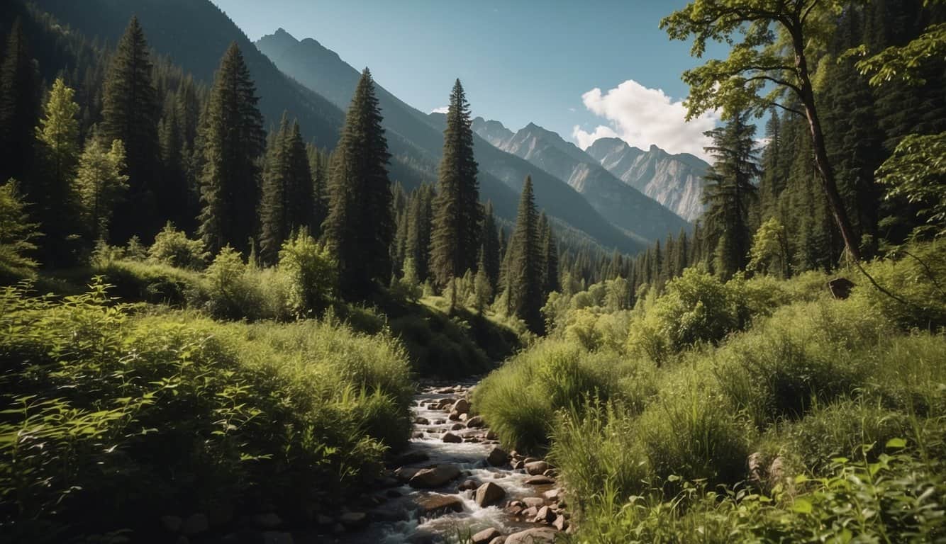 Lush green forest with diverse wildlife, flowing rivers, and towering mountains. National park signs and protected area boundaries are clearly marked