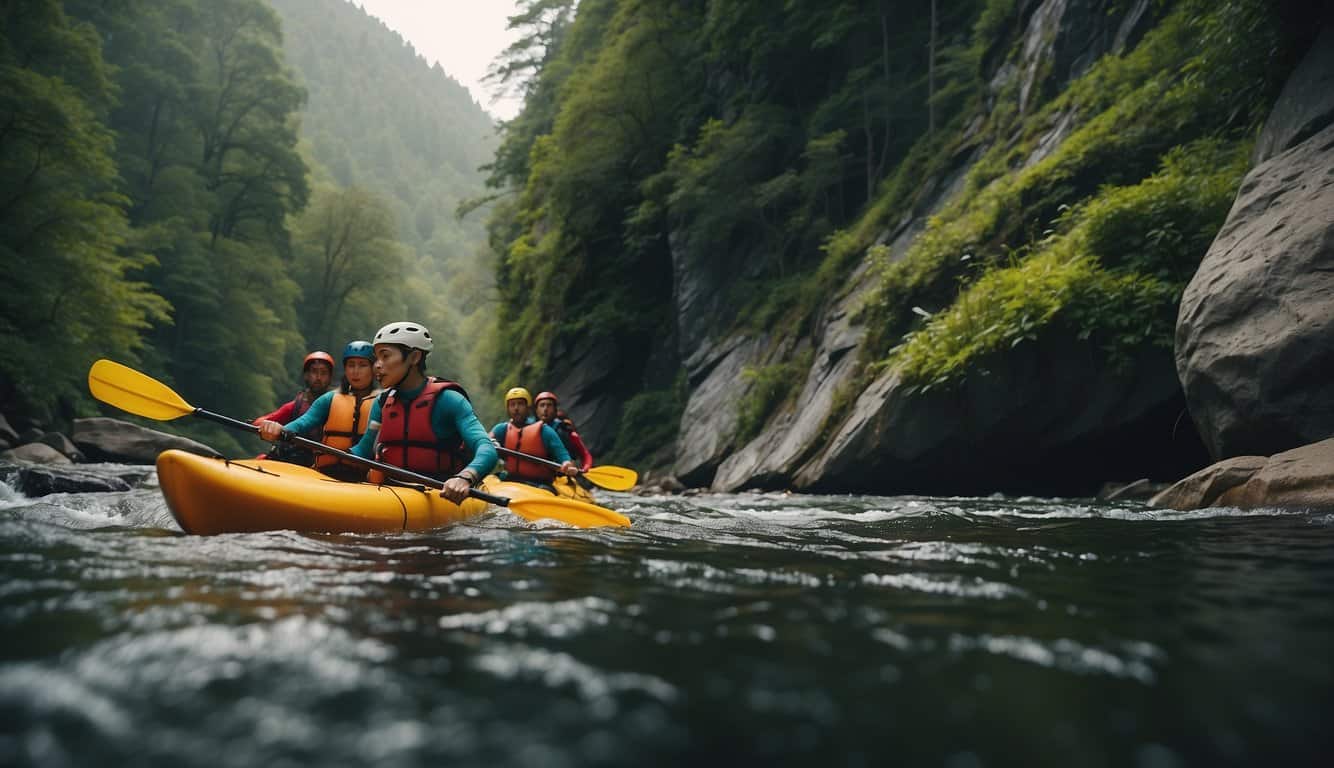 A group of people hike through a lush forest, while others kayak down a rushing river and a few others rock climb up a steep cliff