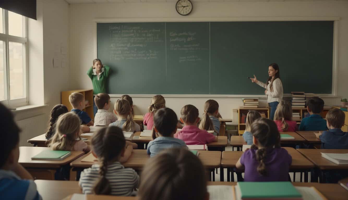 Children studying in a classroom with books, desks, and a chalkboard. The teacher is leading a lesson, while students are engaged in learning activities