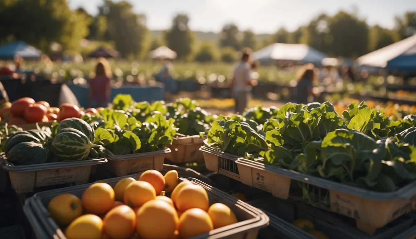 A vibrant farm with diverse crops, grazing animals, and solar panels. Nearby, a bustling farmers' market with colorful produce and local products