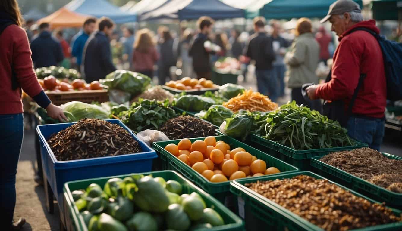 A bustling farmer's market with vendors separating waste into recycling and compost bins, while customers use reusable bags and containers