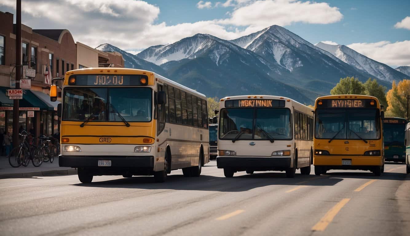 Vehicles on a bustling street in Driggs, including buses, bicycles, and pedestrians. Snow-capped mountains in the background