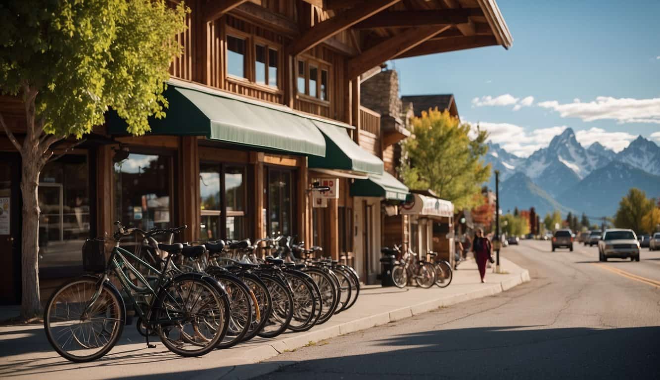 Various transportation options in Driggs: a quaint town with a backdrop of the Teton Mountains. Bicycles, cars, and buses navigate the charming streets, while a small airport offers flights to nearby destinations