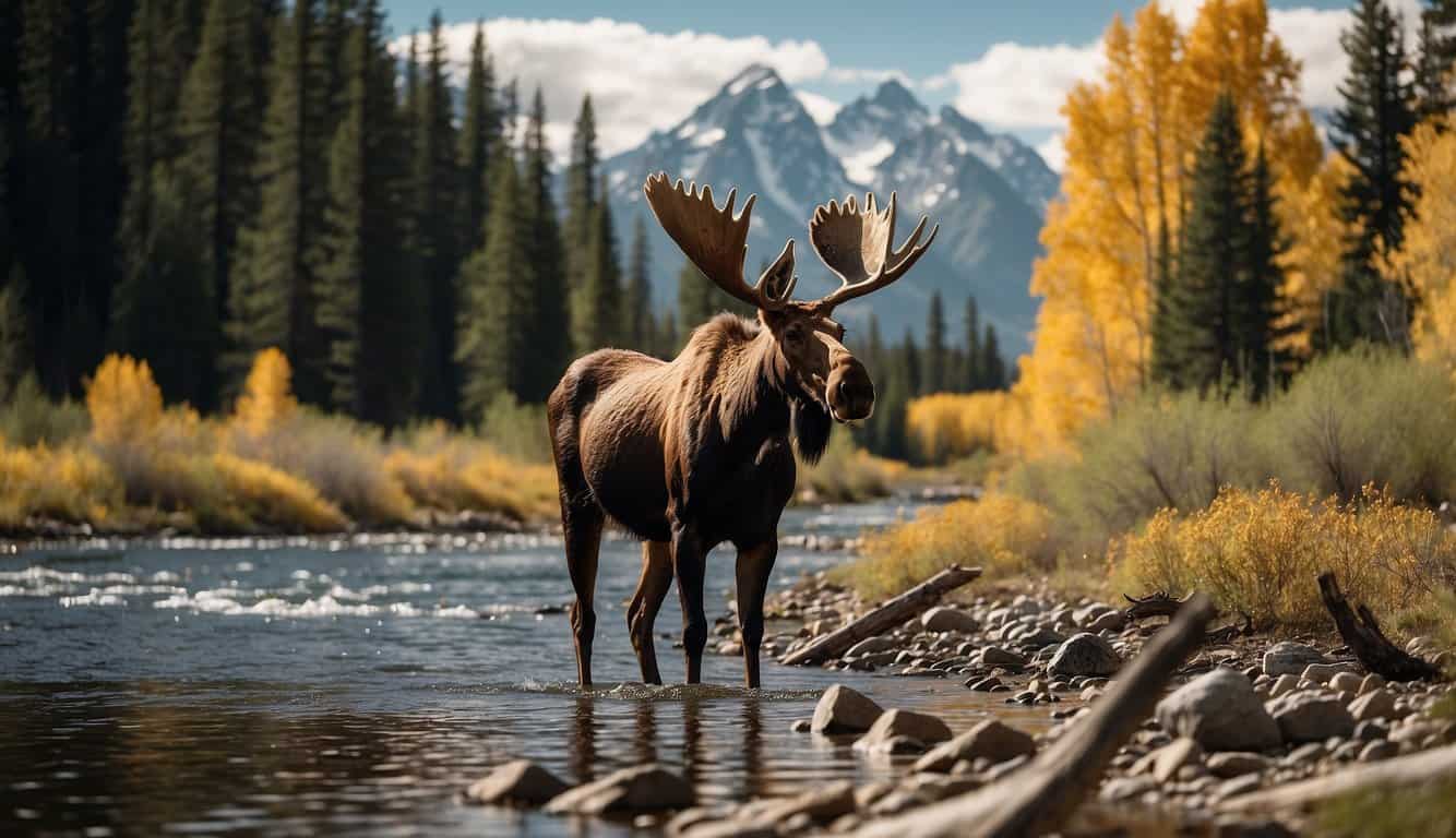 A moose grazes by a meandering river, as a bald eagle soars overhead. Lush forests and snow-capped mountains provide a backdrop to the diverse wildlife in Teton Valley's ecosystem