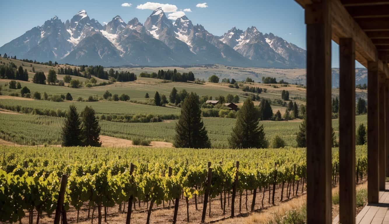 Lush vineyards stretch across rolling hills, framed by the majestic Teton mountains. A rustic tasting room beckons visitors to savor the local wines
