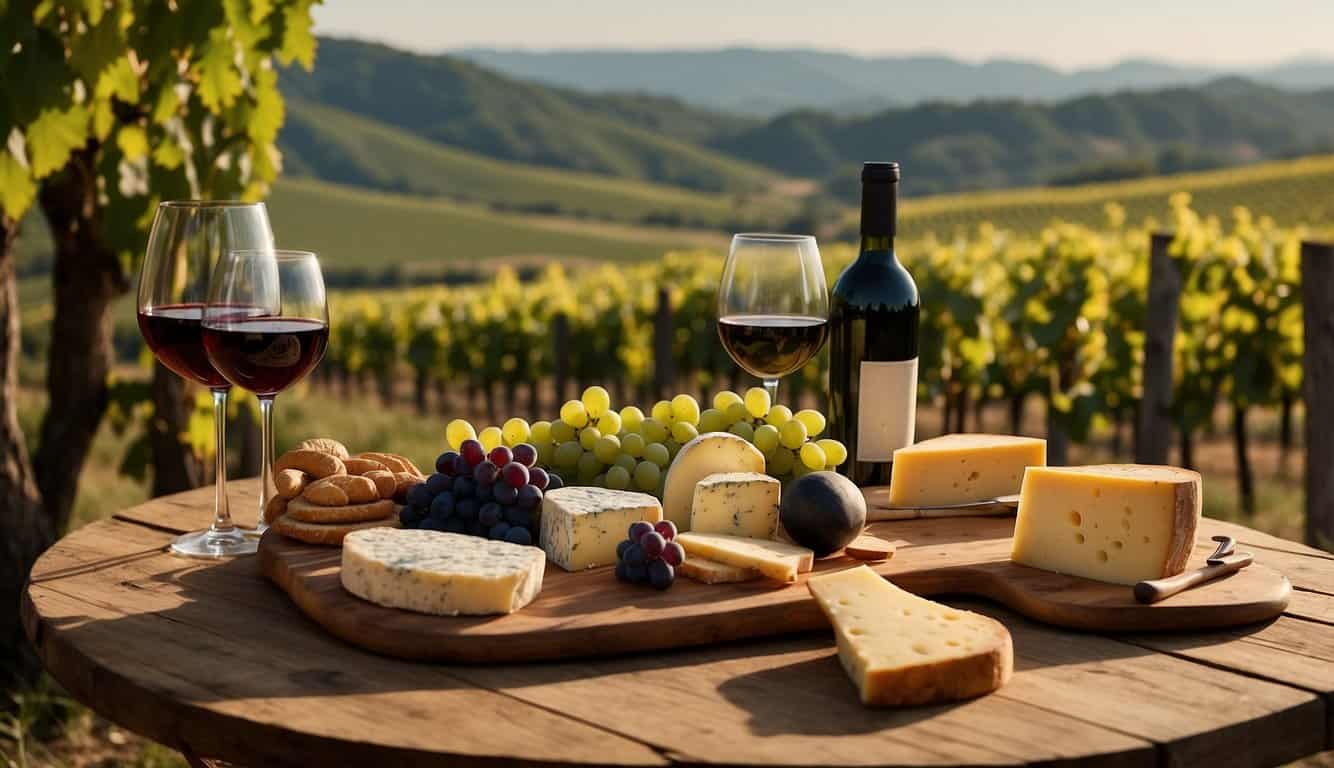 A rustic wooden table with various wine bottles, glasses, and cheese platters set against a backdrop of rolling hills and a picturesque vineyard